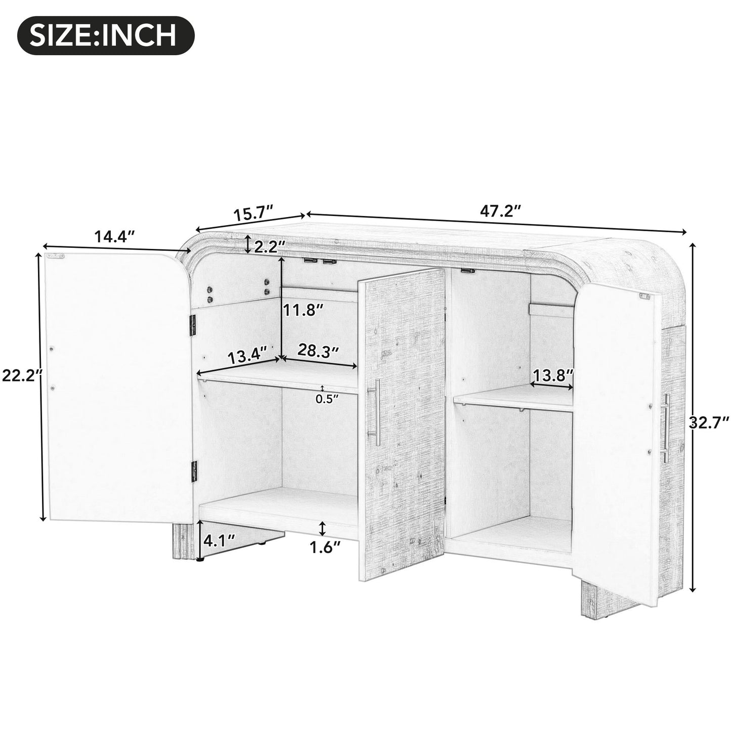 TREXM Retro Minimalist Curved Sideboard with Gold Handles and Adjustable Dividers for Living Room or Dining Room (Natural Wood Wash)