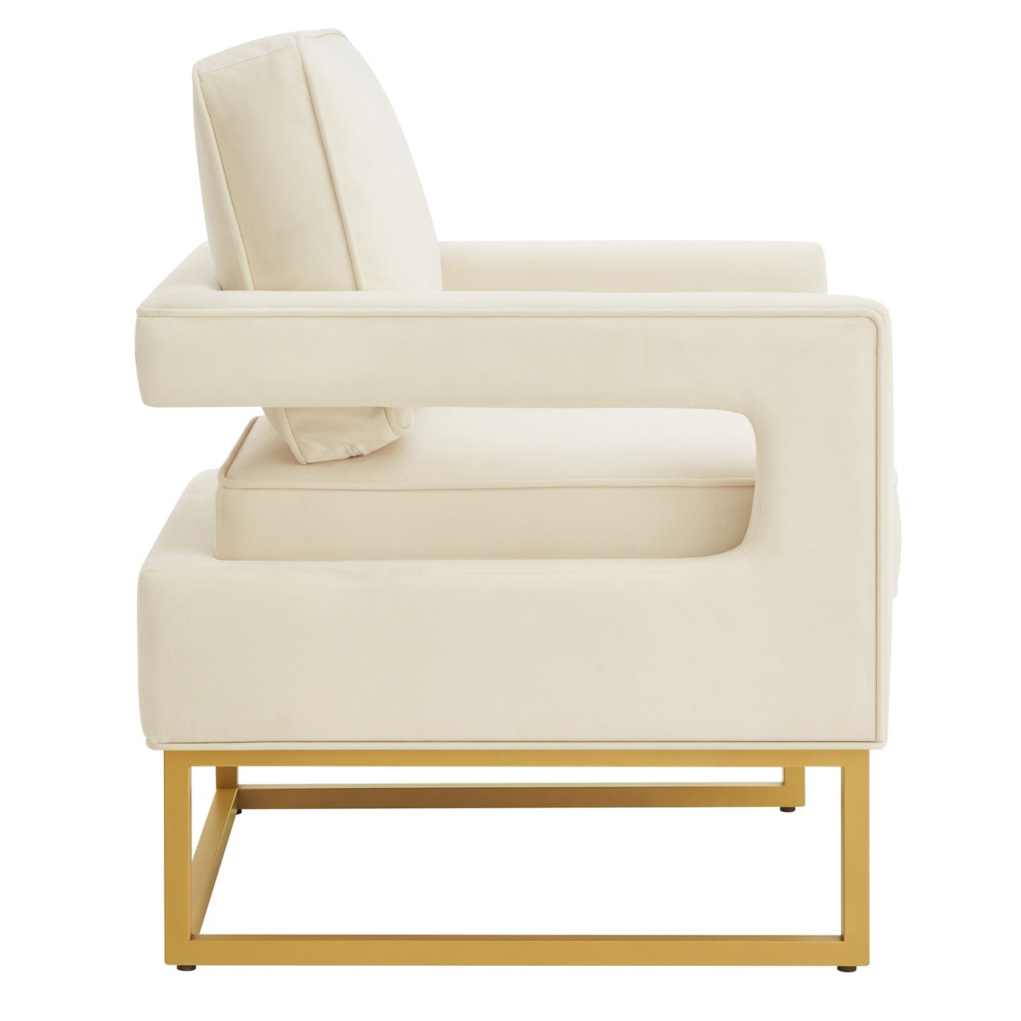 Modern Style Accent Chair with Gold Metal Base , Velvet Upholstered Leisure Chair with Open Armrest, Armchair, Cream