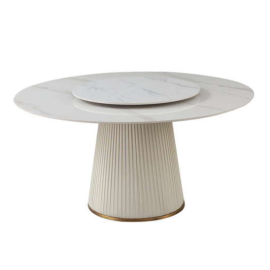 59"Modern Sintered stone dining table with 31.5" round turntable for 8 person with wood and metal exquisite pedestal