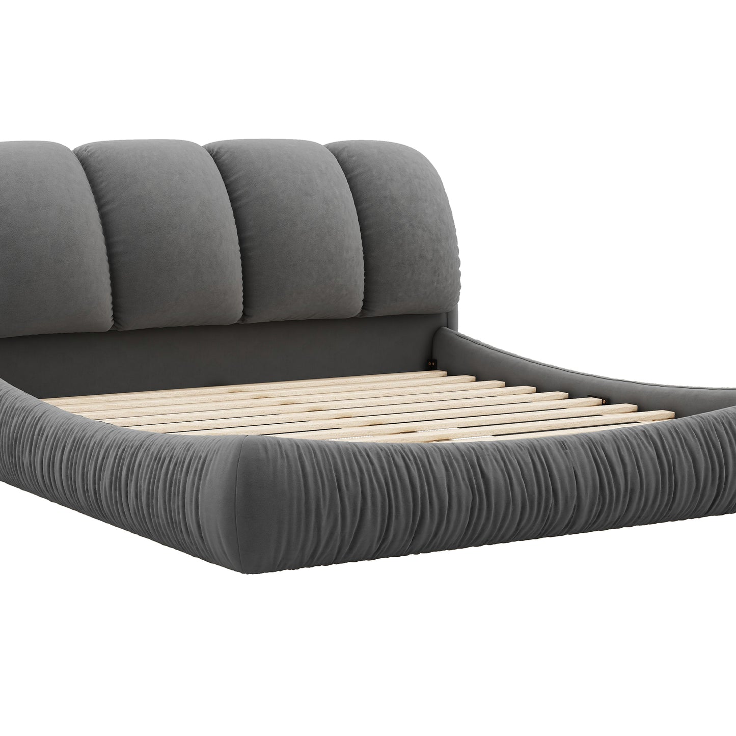 Queen Size Luxury Upholstered Bed With Thick Headboard, Velvet Queen Bed with Oversized Padded Backrest, Gray