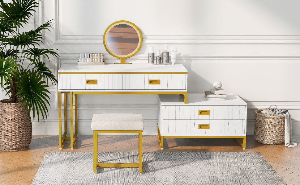 GO Modern Style Vanity Table With Movable Side Cabinet And 4-Drawers, Large Size Dressing Table With Mirror and 3-colors LED Light, Makeup Table With Stool, White, Golden Legs