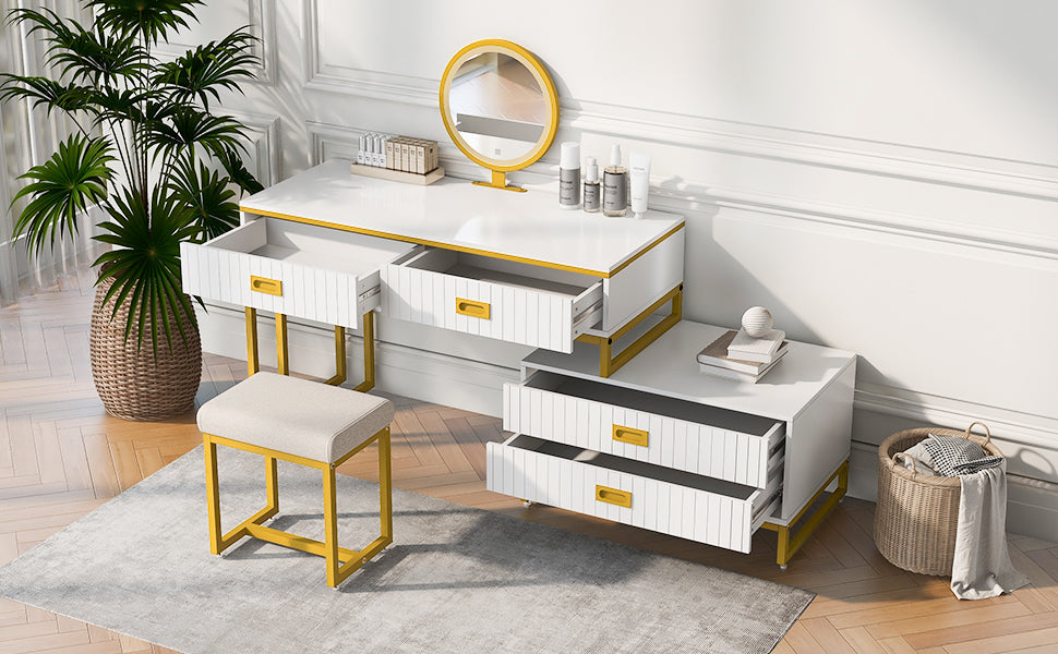 GO Modern Style Vanity Table With Movable Side Cabinet And 4-Drawers, Large Size Dressing Table With Mirror and 3-colors LED Light, Makeup Table With Stool, White, Golden Legs