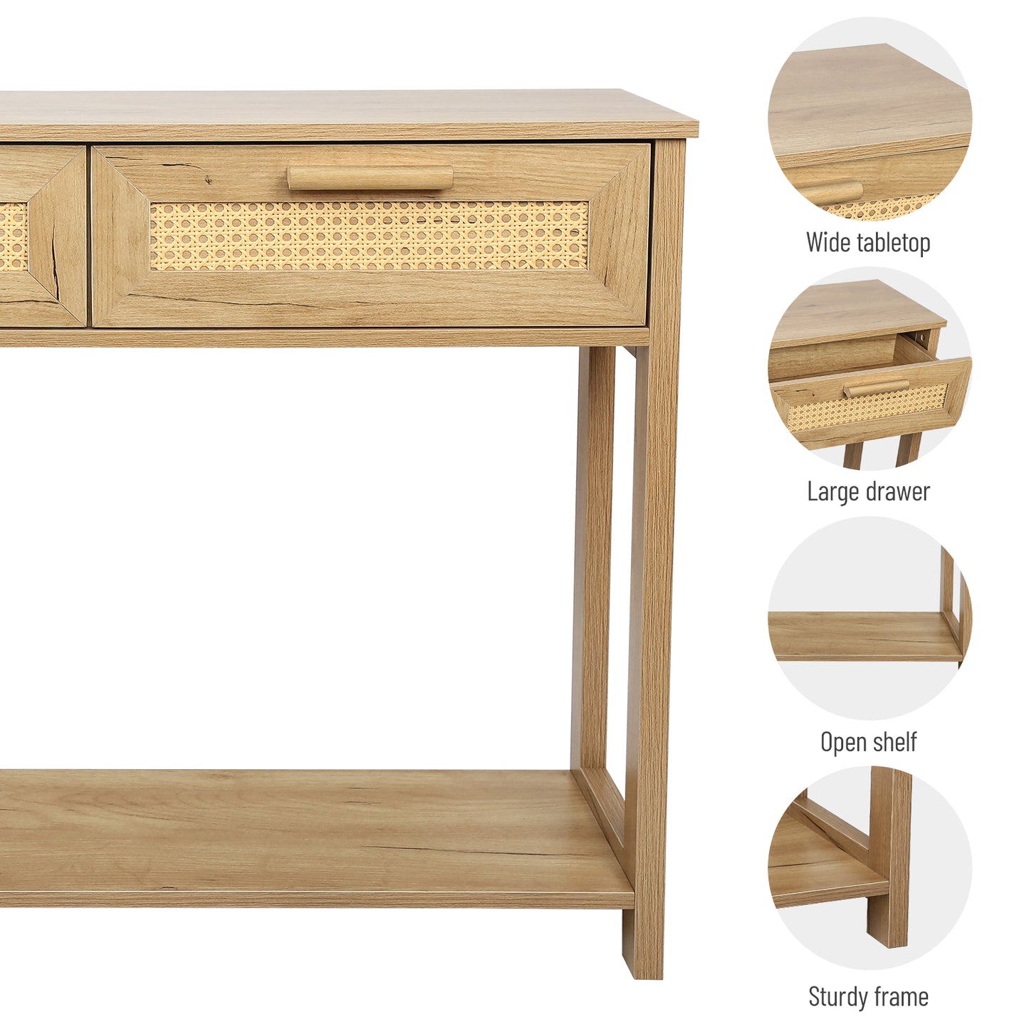 （预计9.21~9.28到货）Console Table with 2 Drawers, Sofa Table, Entryway Table with open Storage Shelf, Narrow Accent Table with rattan design for Living Room/Entryway/Hallway, Natural Color