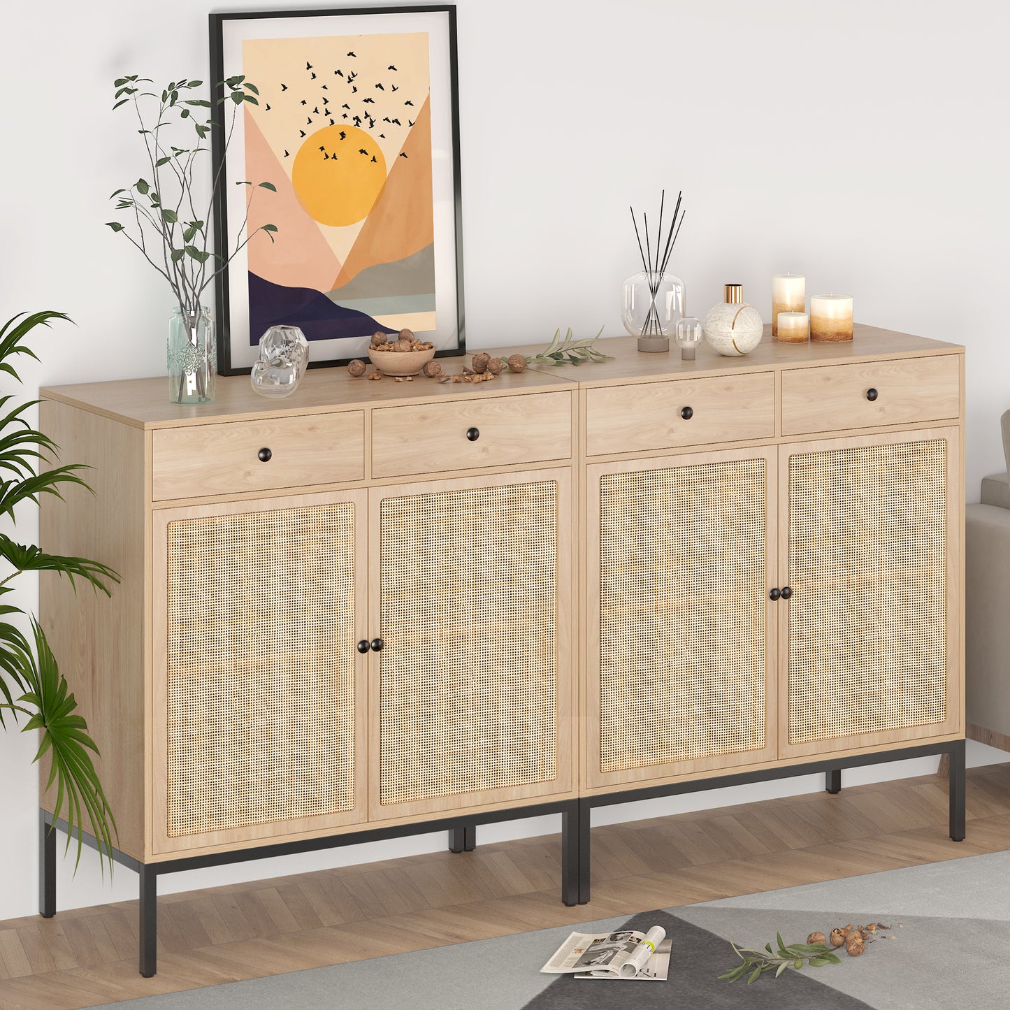 （缺货）Set of 2 Sideboard Cabinet with Handmade Natural Rattan Doors and Drawers, Rattan Cabinet Console Table Buffet Cabinet, for Kitchen, Living Room, Hallway, Entryway, Natural