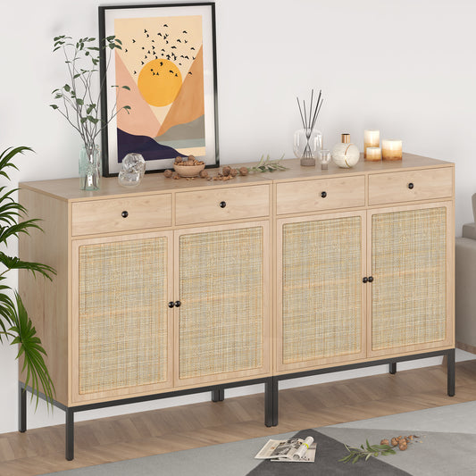 Set of 2 Sideboard Cabinet with Handmade Natural Rattan Doors and Drawers, Rattan Cabinet Console Table Buffet Cabinet, for Kitchen, Living Room, Hallway, Entryway, Natural