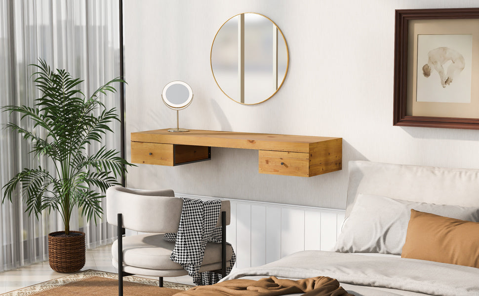 GO 47.2" Wall-mounted Vanity Desk, Floating Vanity Shelf with Drawers, Dressing Table With Wooden Sticker,Computer Table Desk, Home Office Desk, Natural