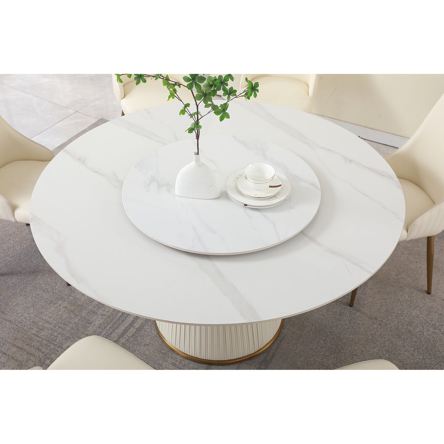 59"Modern Sintered stone dining table with 31.5" round turntable for 8 person with wood and metal exquisite pedestal