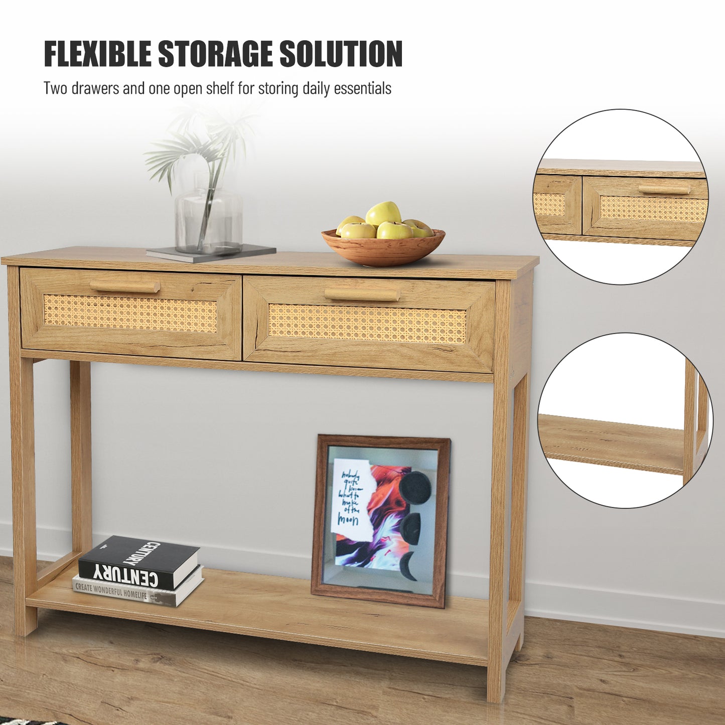 （预计9.21~9.28到货）Console Table with 2 Drawers, Sofa Table, Entryway Table with open Storage Shelf, Narrow Accent Table with rattan design for Living Room/Entryway/Hallway, Natural Color