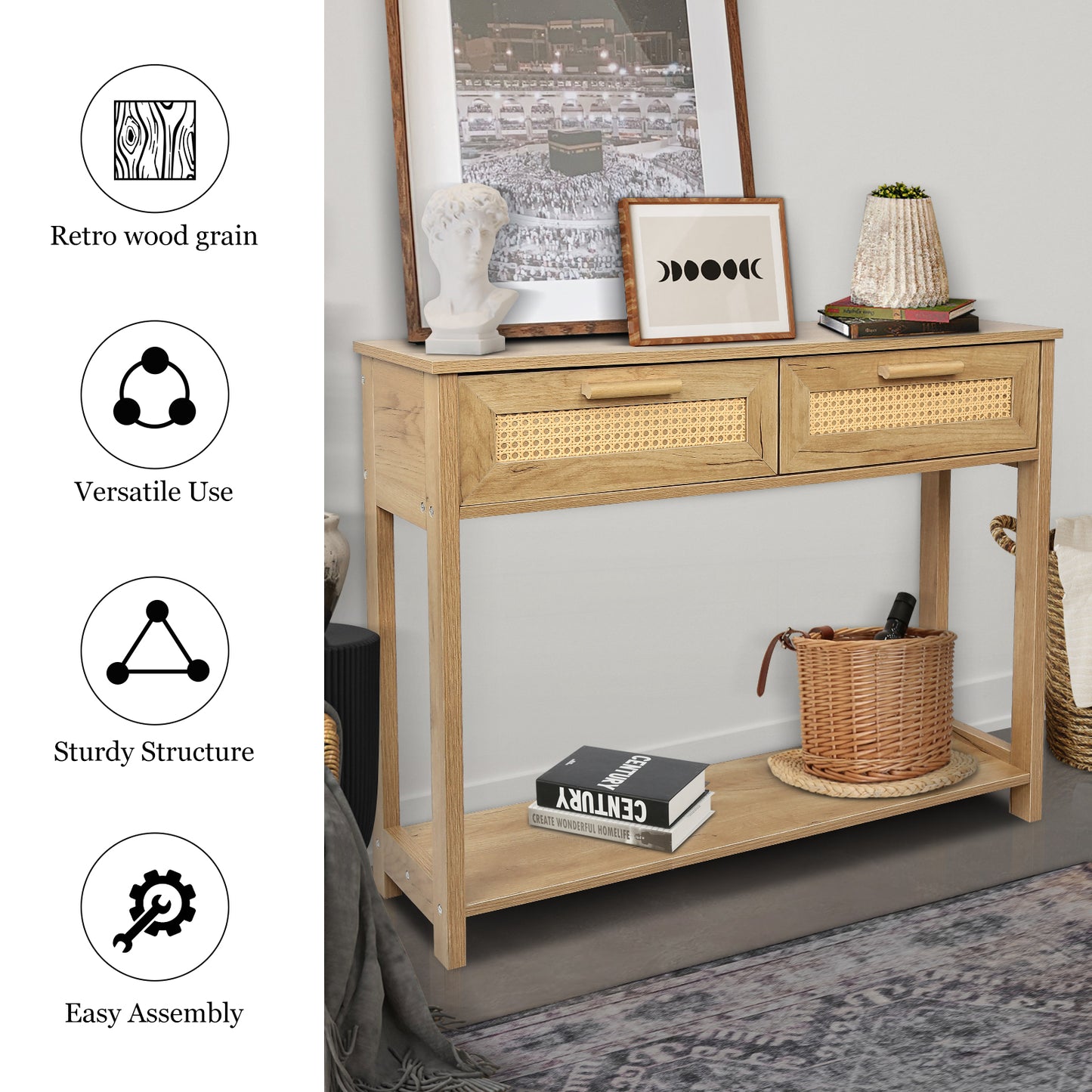 （预计9.21~9.28到货）Console Table with 2 Drawers, Sofa Table, Entryway Table with open Storage Shelf, Narrow Accent Table with rattan design for Living Room/Entryway/Hallway, Natural Color