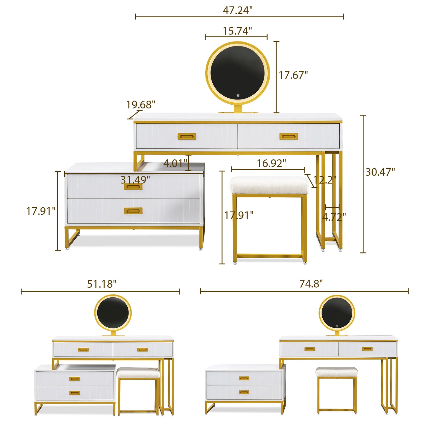 GO Modern Style Vanity Table With Movable Side Cabinet And 4-Drawers, Large Size Dressing Table With Mirror and 3-colors LED Light, Makeup Table With Stool, White, Golden Legs