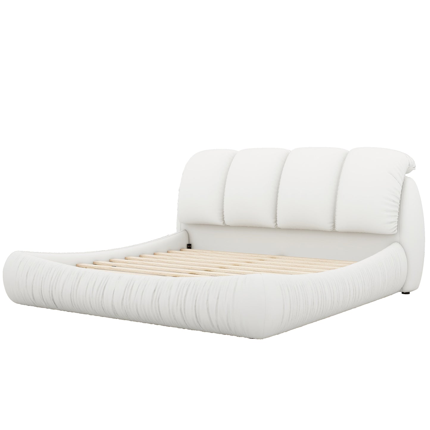 Queen Size Luxury Upholstered Bed With Thick Headboard, Leather Queen Bed with Oversized Padded Backrest, White