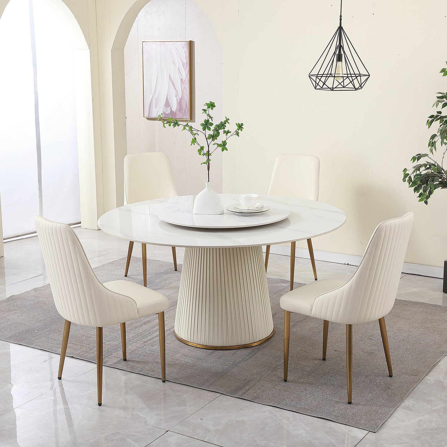 59"Modern Sintered stone dining table with 31.5" round turntable for 8 person with wood and metal exquisite pedestal