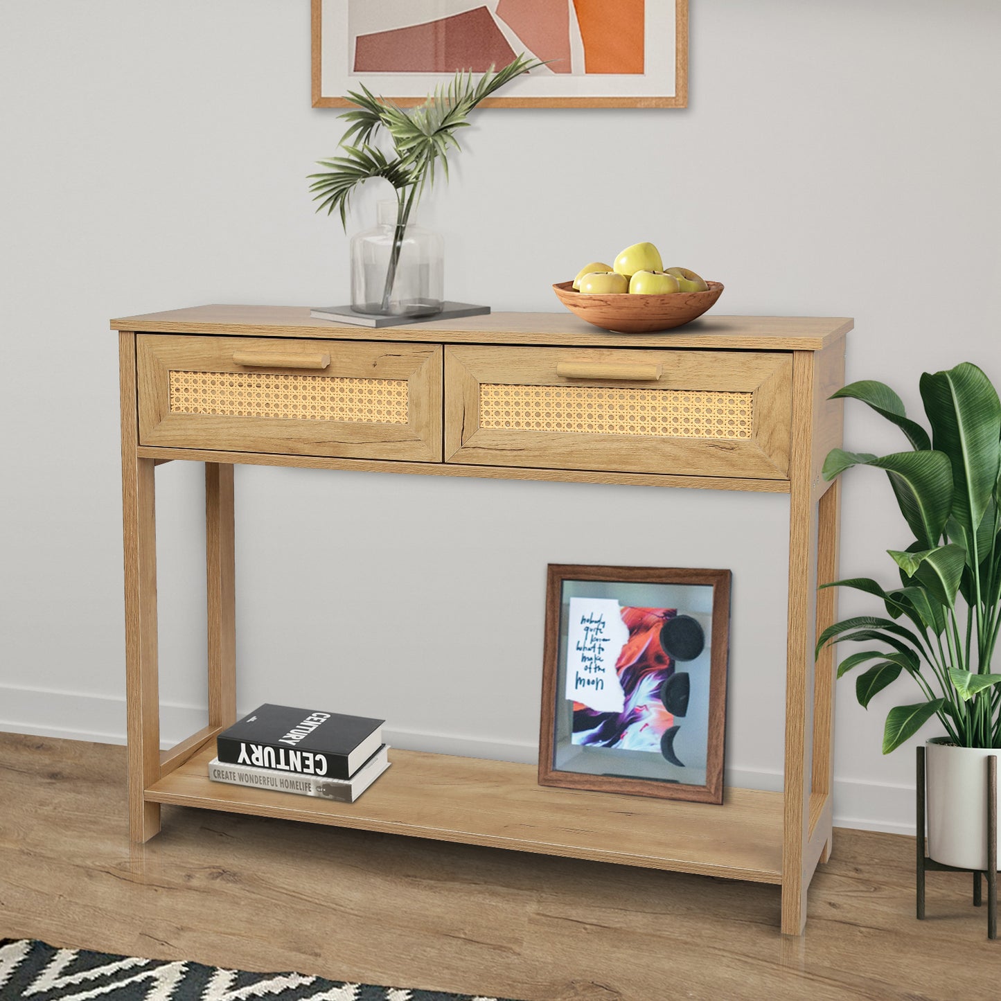 （预计9.21~9.28到货）Console Table with 2 Drawers, Sofa Table, Entryway Table with open Storage Shelf, Narrow Accent Table with rattan design for Living Room/Entryway/Hallway, Natural Color