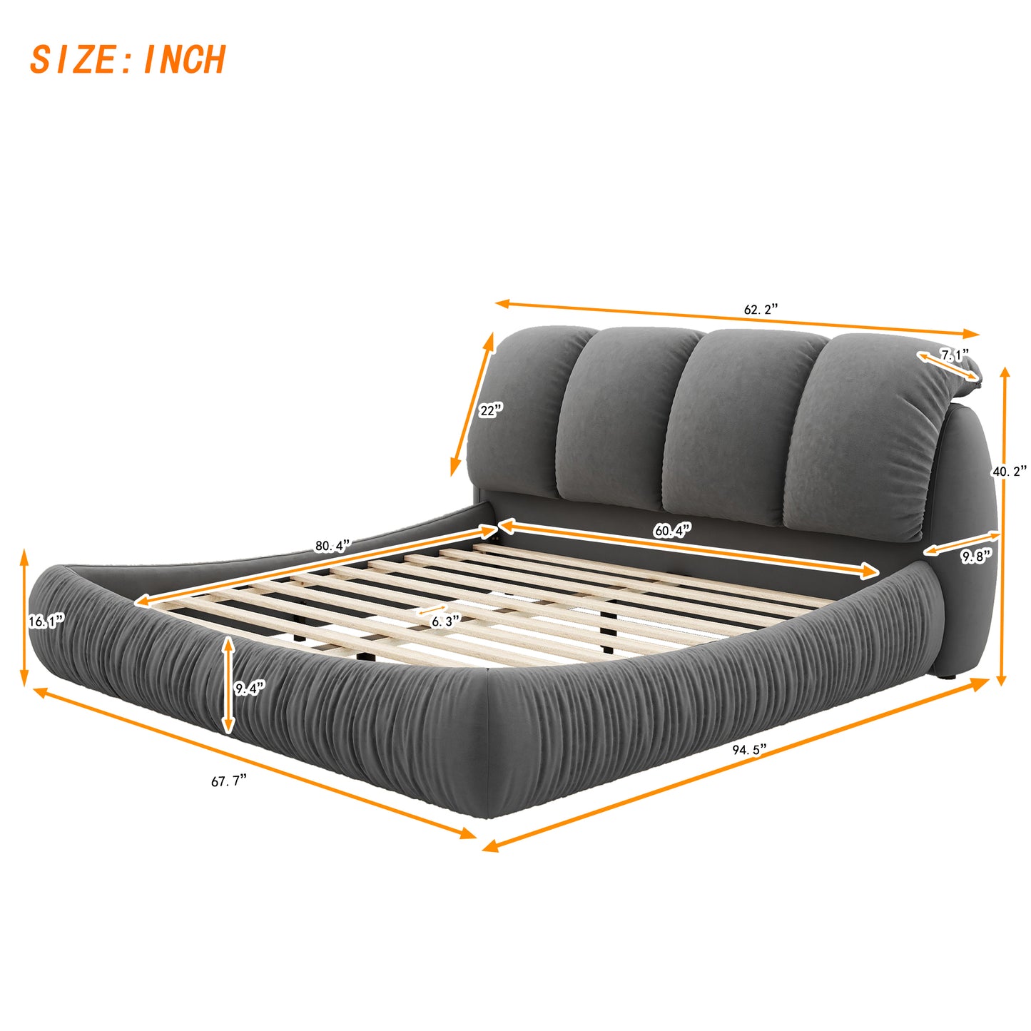 Queen Size Luxury Upholstered Bed With Thick Headboard, Velvet Queen Bed with Oversized Padded Backrest, Gray