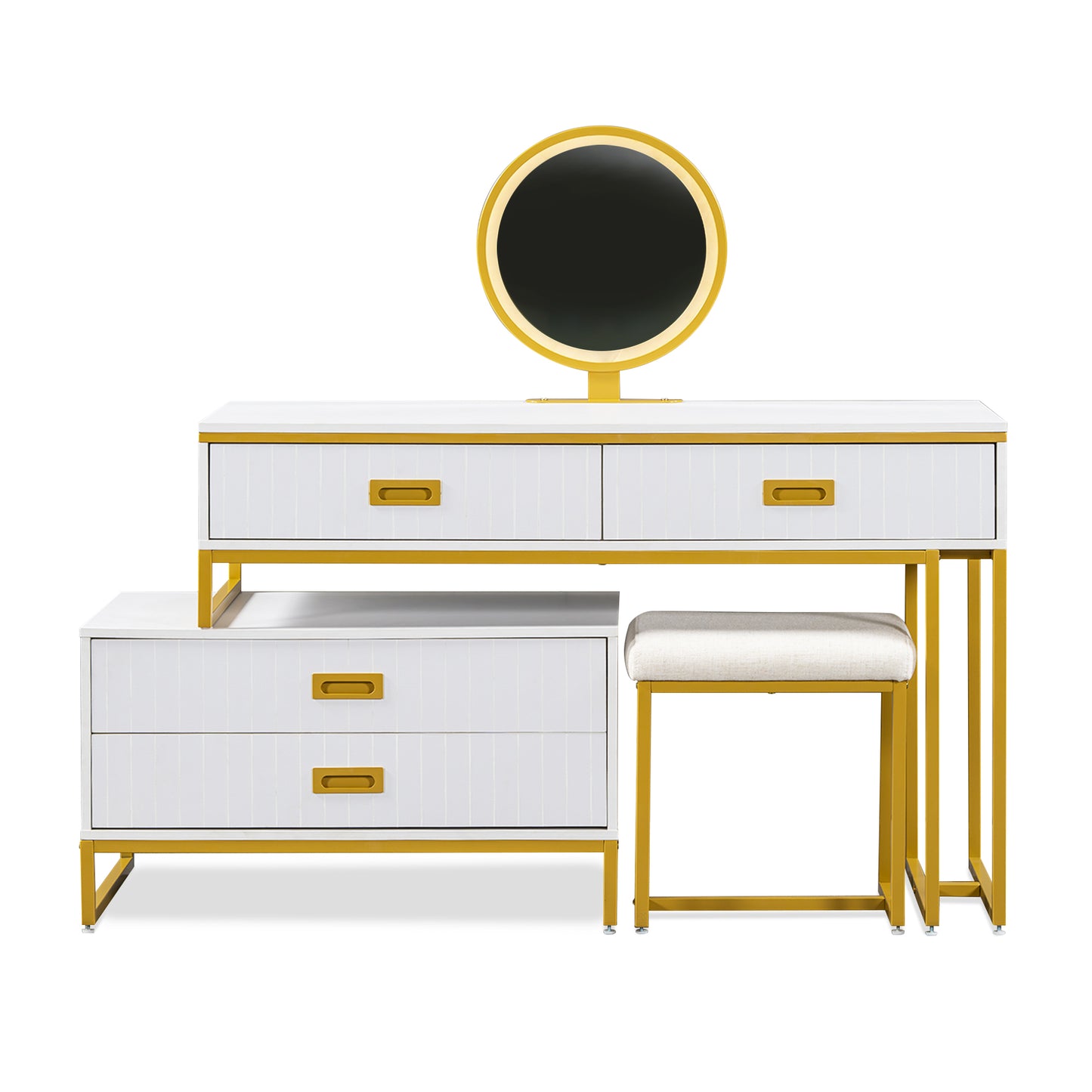 GO Modern Style Vanity Table With Movable Side Cabinet And 4-Drawers, Large Size Dressing Table With Mirror and 3-colors LED Light, Makeup Table With Stool, White, Golden Legs