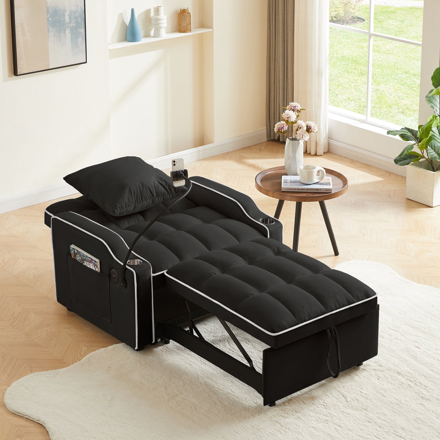 （缺货）3-in-1 Sofa Bed, Convertible Sleeper Chair Sofa Bed Adjustable Pull Out Sleeper Chair Bed Multi-Pockets Folding Sofa Bed for Living Room Bedroom Small Space (Black)