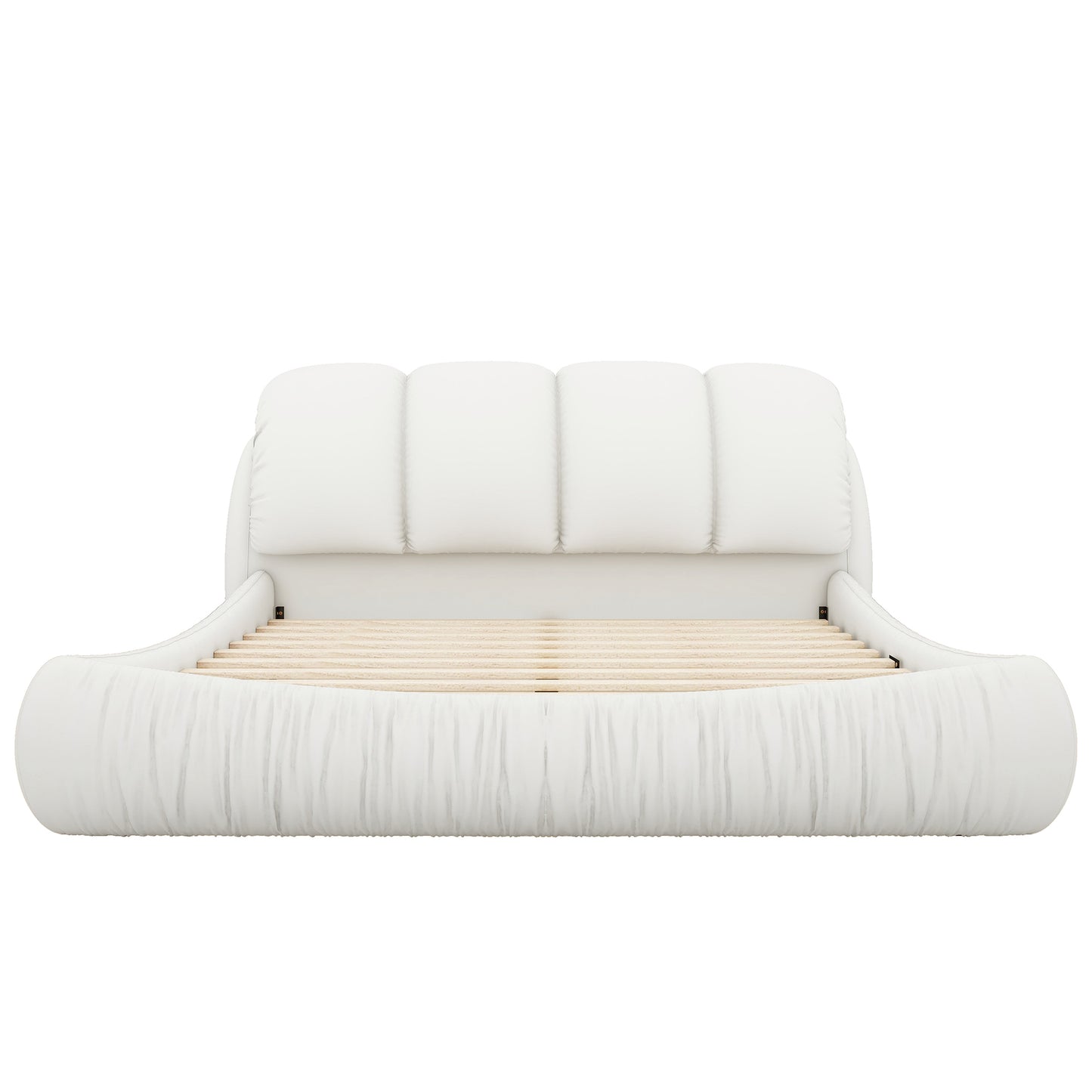 Queen Size Luxury Upholstered Bed With Thick Headboard, Leather Queen Bed with Oversized Padded Backrest, White