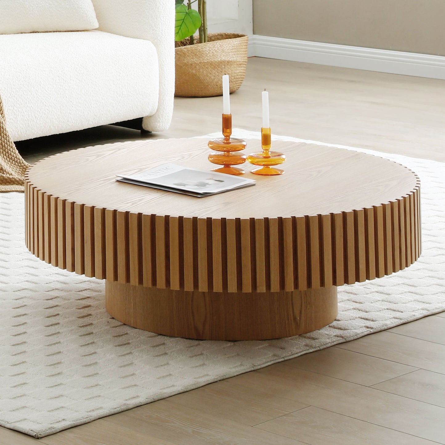 (预计9.16~9.23到货）31.49'' Round Wood Coffee Table for Living Room, Modern Handcraft Drum Coffee Table, Circle Wooden Coffee Table for Small Space Apartment ASH.