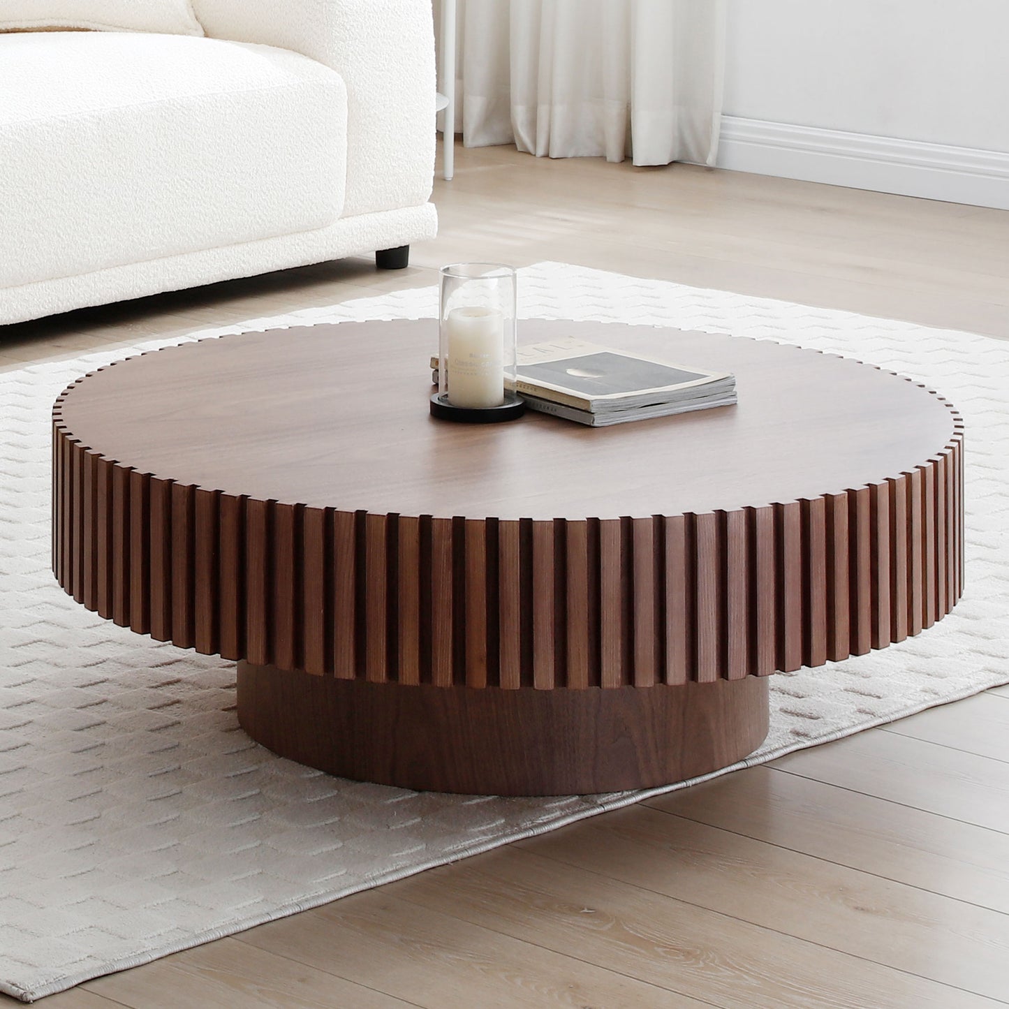 （预计12.25-1.01到货）39.37'' Round MDF Coffee Table Mid Century Modern Coffee Table Unique Coffee Table for Living Room Furniture, Tea Table WALNUT