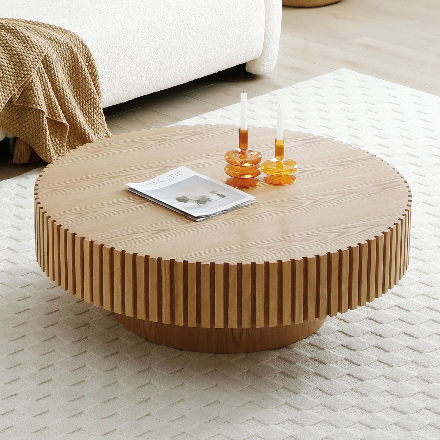 (预计9.16~9.23到货）31.49'' Round Wood Coffee Table for Living Room, Modern Handcraft Drum Coffee Table, Circle Wooden Coffee Table for Small Space Apartment ASH.