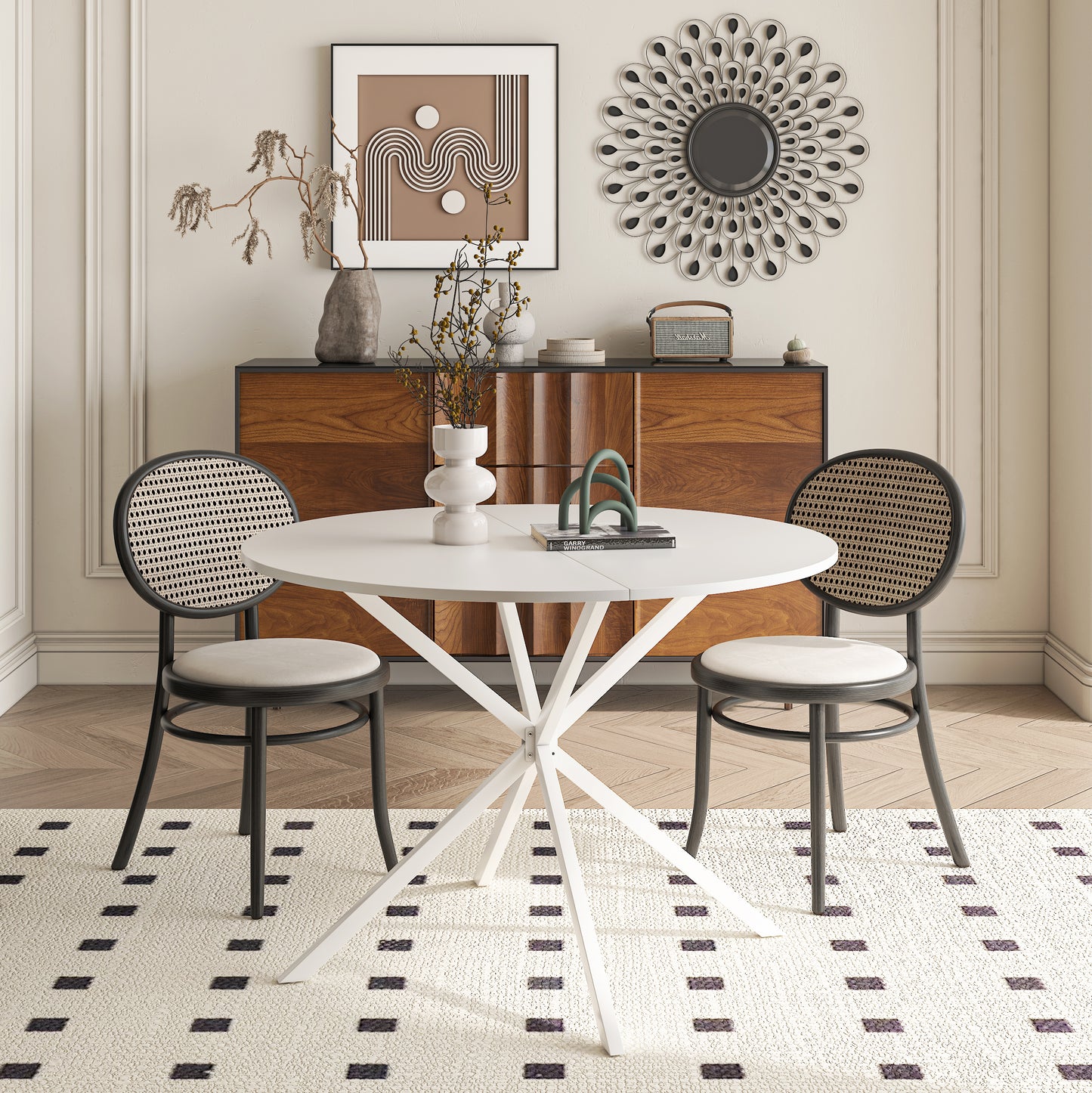 42.13'' Modern Cross Leg Round Dining Table, White Top Occasional Table, Two Piece Removable Top, Matte Finish Iron Legs