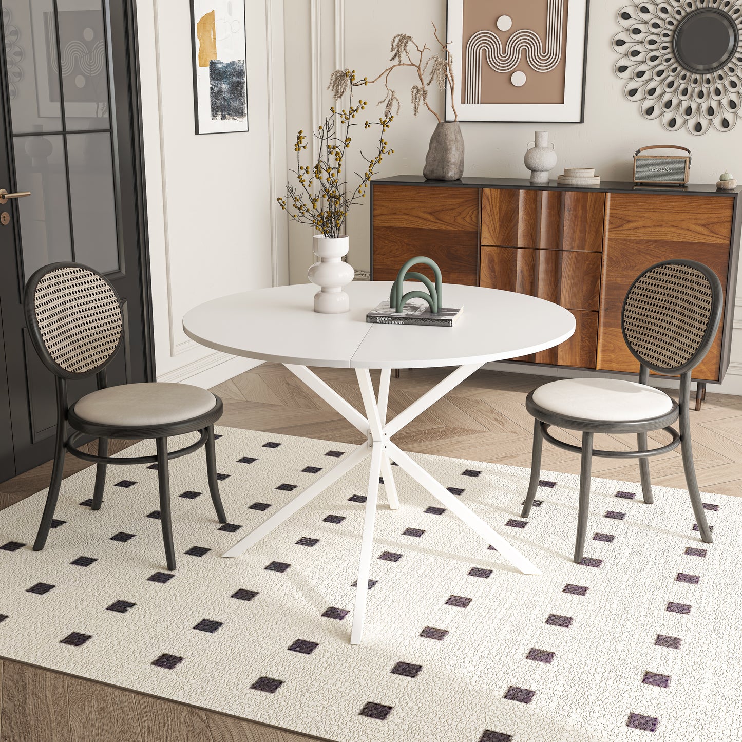 42.13'' Modern Cross Leg Round Dining Table, White Top Occasional Table, Two Piece Removable Top, Matte Finish Iron Legs