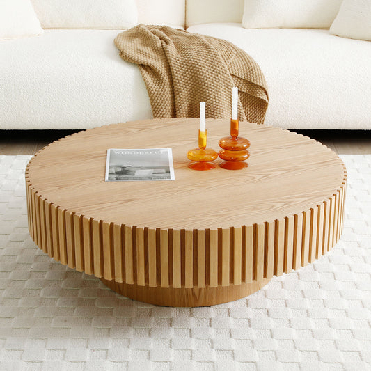 (预计9.16~9.23到货）31.49'' Round Wood Coffee Table for Living Room, Modern Handcraft Drum Coffee Table, Circle Wooden Coffee Table for Small Space Apartment ASH.