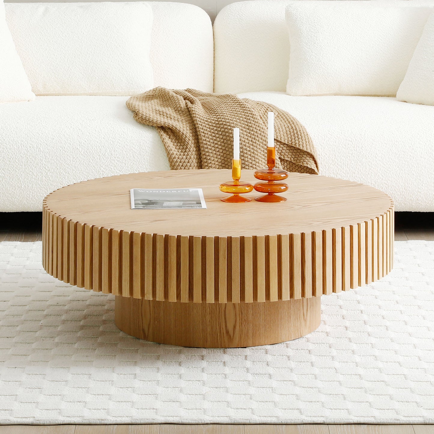 (预计9.16~9.23到货）31.49'' Round Wood Coffee Table for Living Room, Modern Handcraft Drum Coffee Table, Circle Wooden Coffee Table for Small Space Apartment ASH.