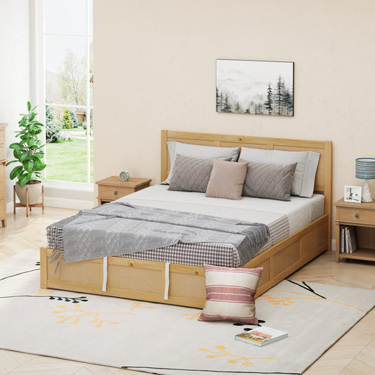 Luxury Queen Size Wood Platform Bed with Hydraulic Storage System and 2 Drawers,Streamlined Headboard & Footboard, Wood Color