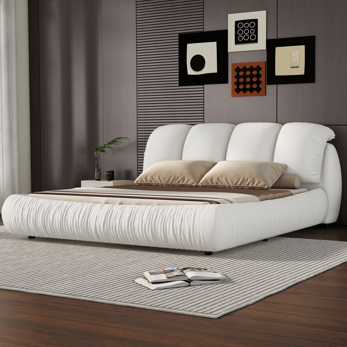 Queen Size Luxury Upholstered Bed With Thick Headboard, Leather Queen Bed with Oversized Padded Backrest, White