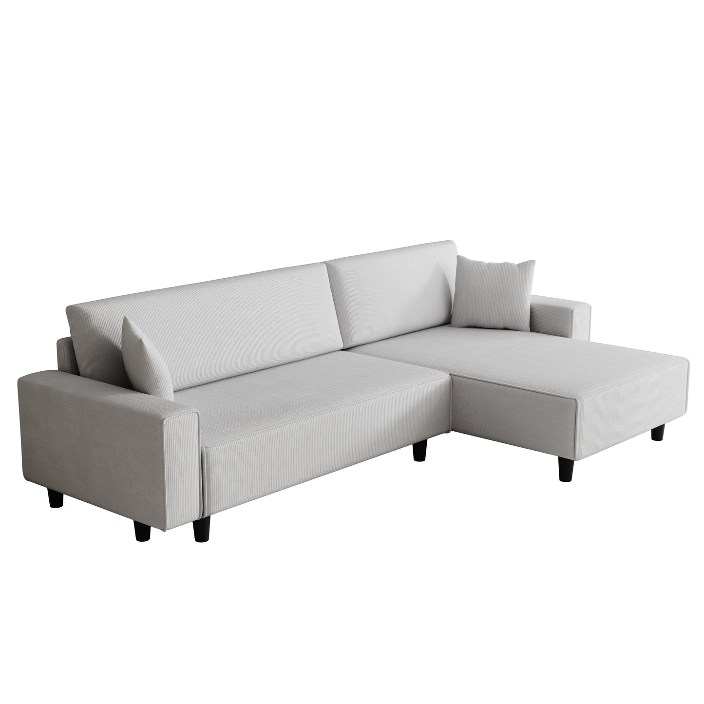 The 93-inch grey corduroy sofa bed comes with two pillows to fit in the living room and the apartment is not overcrowded