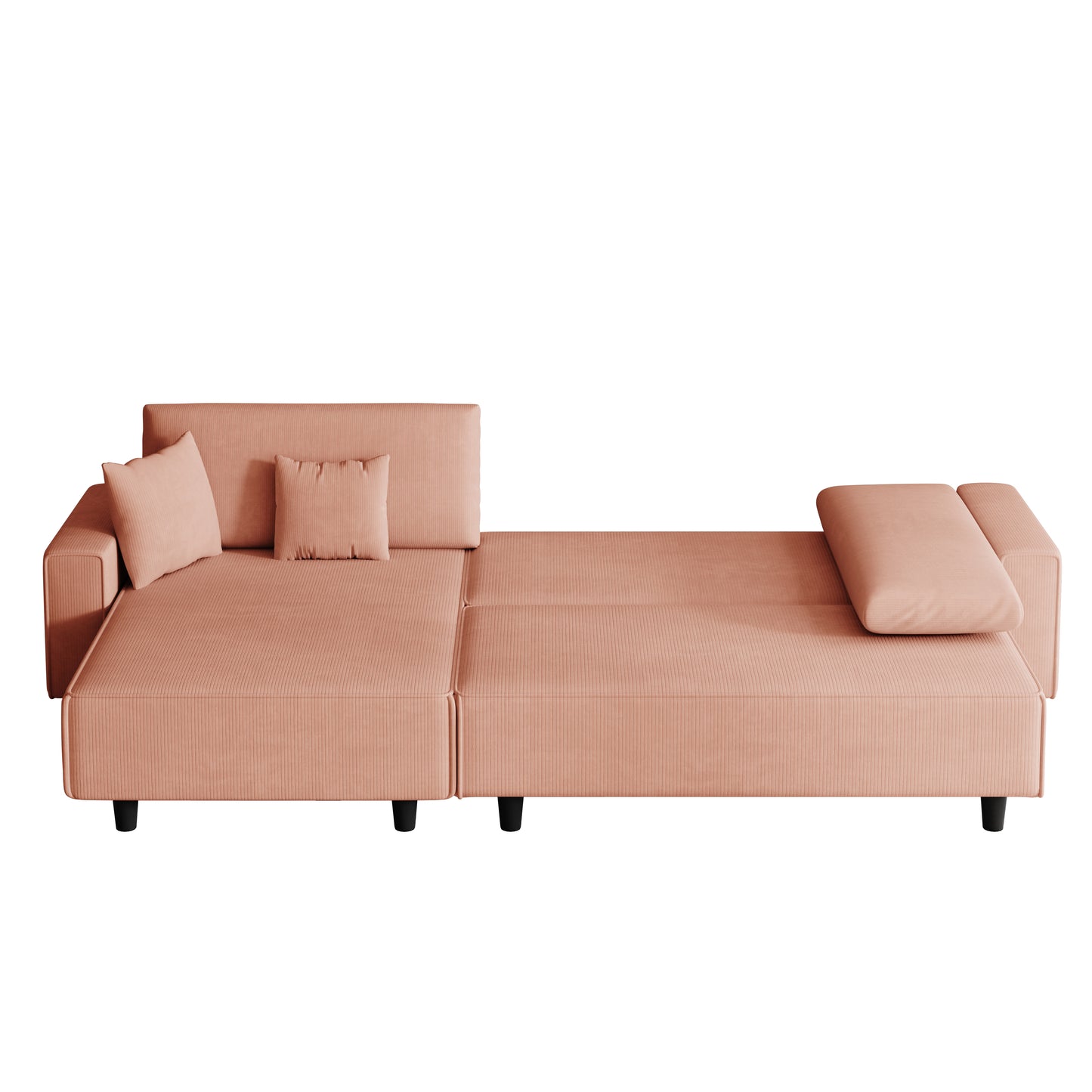 The 93-inch orange corduroy sofa bed comes with two pillows to fit in the living room and the apartment is not overcrowded