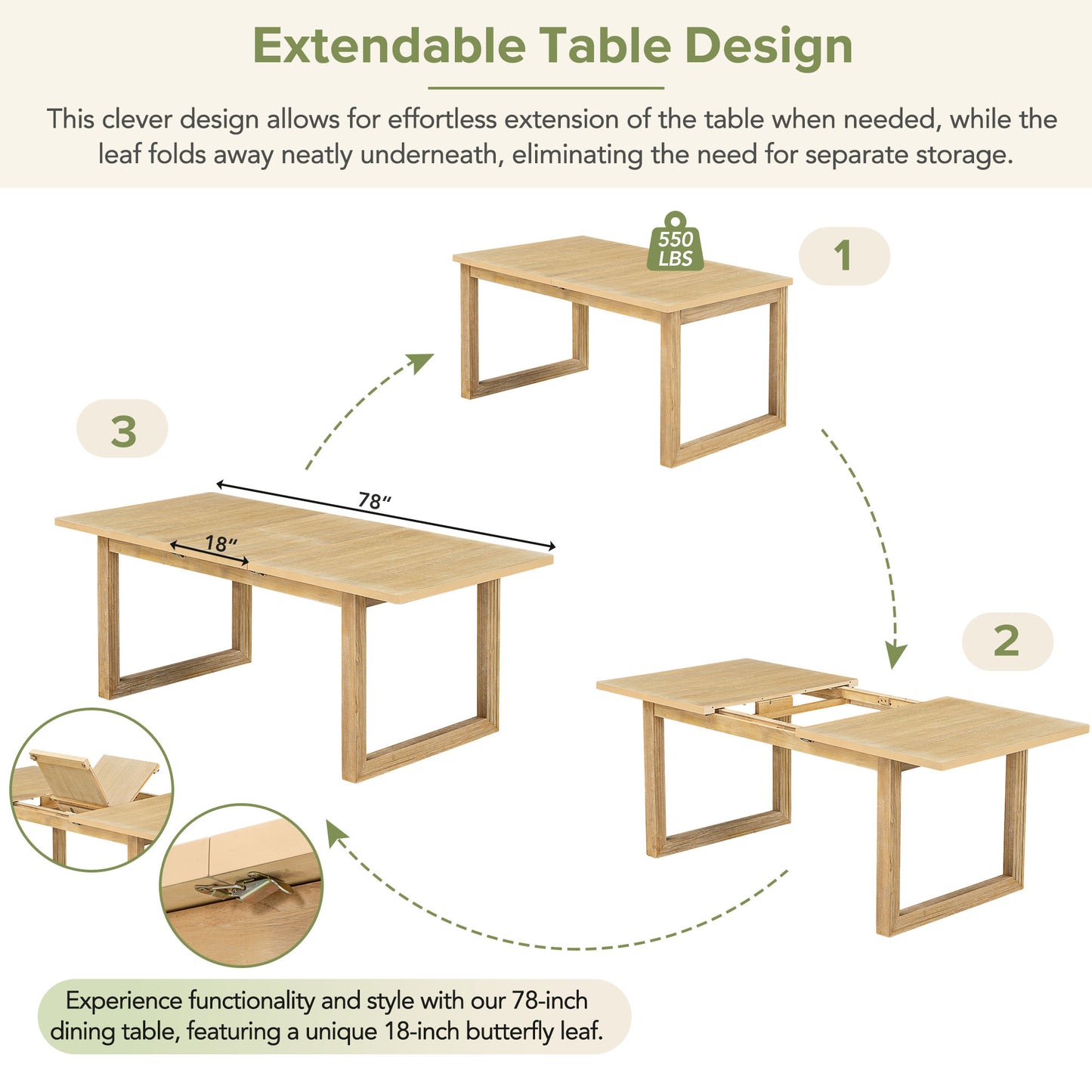 （缺货）TOPMAX Modern 78inch 6-Piece Extendable Dining Table Set, 4 Upholstered Dining Chairs and Dining Bench, 18" Butterfly Leaf, Natural