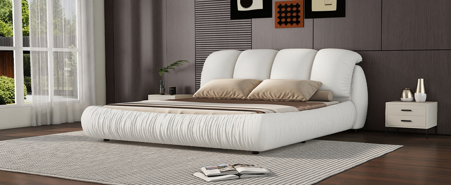 Queen Size Luxury Upholstered Bed With Thick Headboard, Leather Queen Bed with Oversized Padded Backrest, White