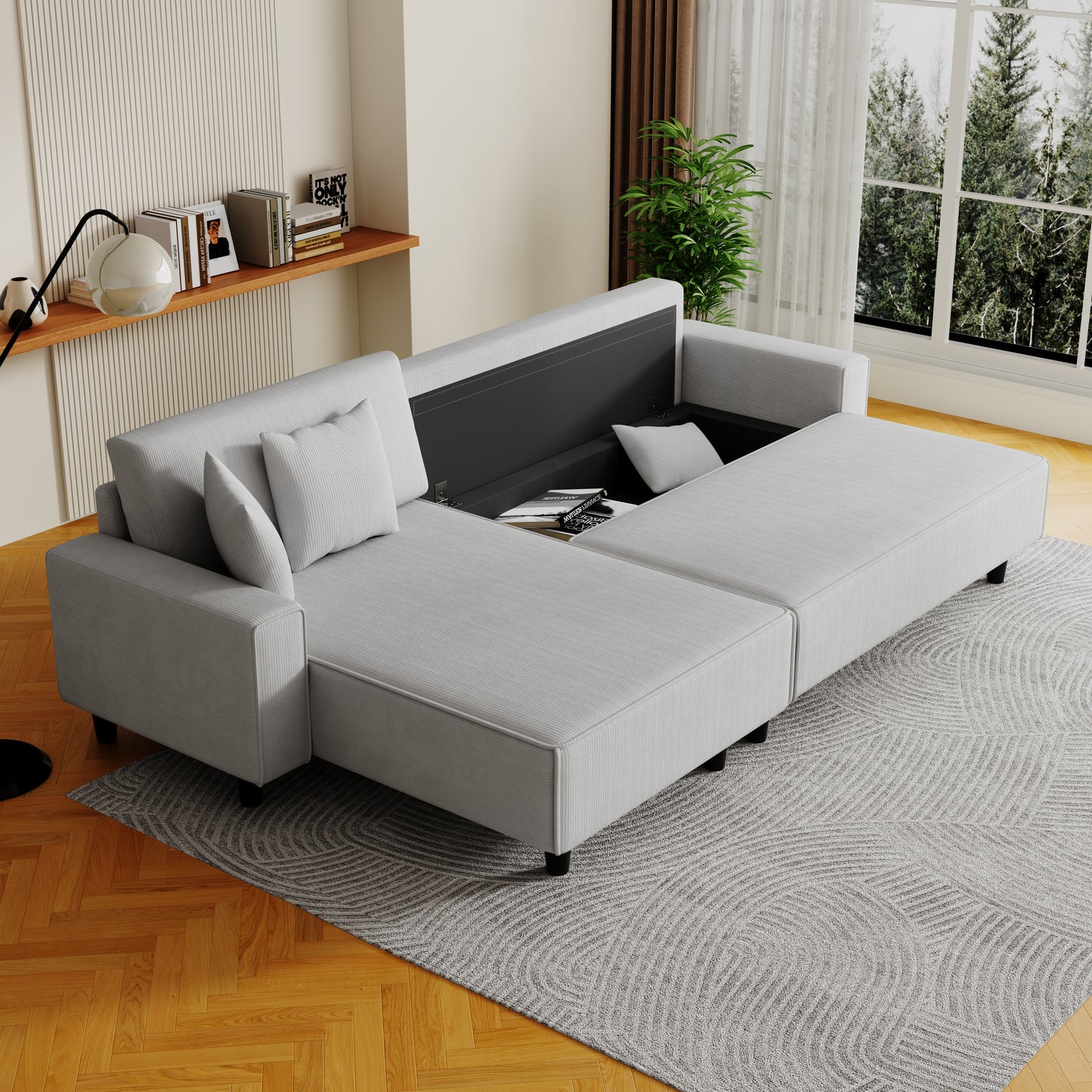 The 93-inch grey corduroy sofa bed comes with two pillows to fit in the living room and the apartment is not overcrowded