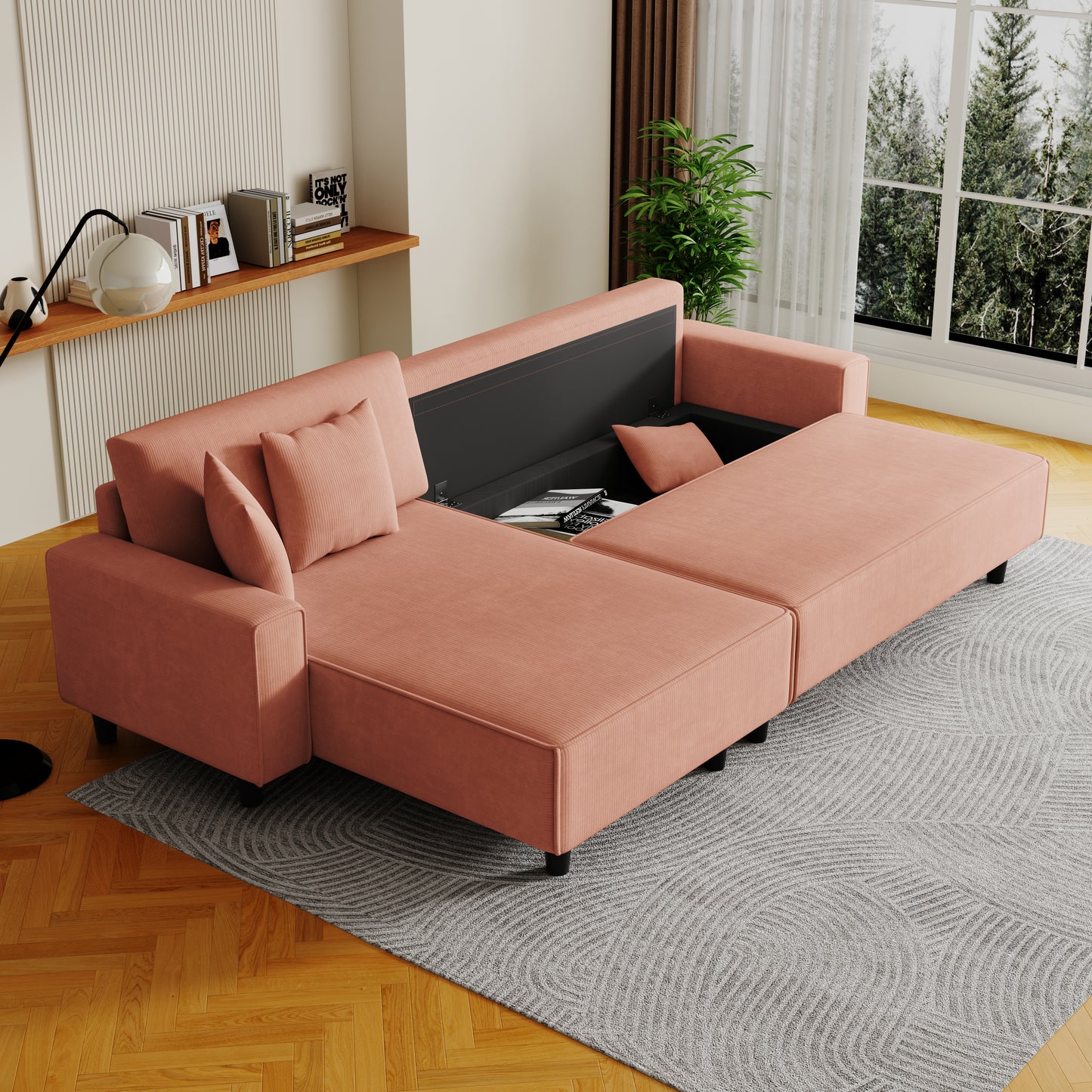 The 93-inch orange corduroy sofa bed comes with two pillows to fit in the living room and the apartment is not overcrowded