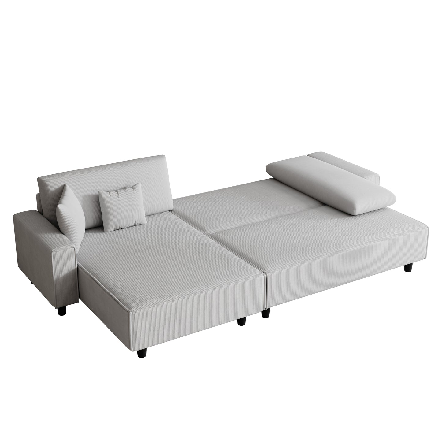 The 93-inch grey corduroy sofa bed comes with two pillows to fit in the living room and the apartment is not overcrowded