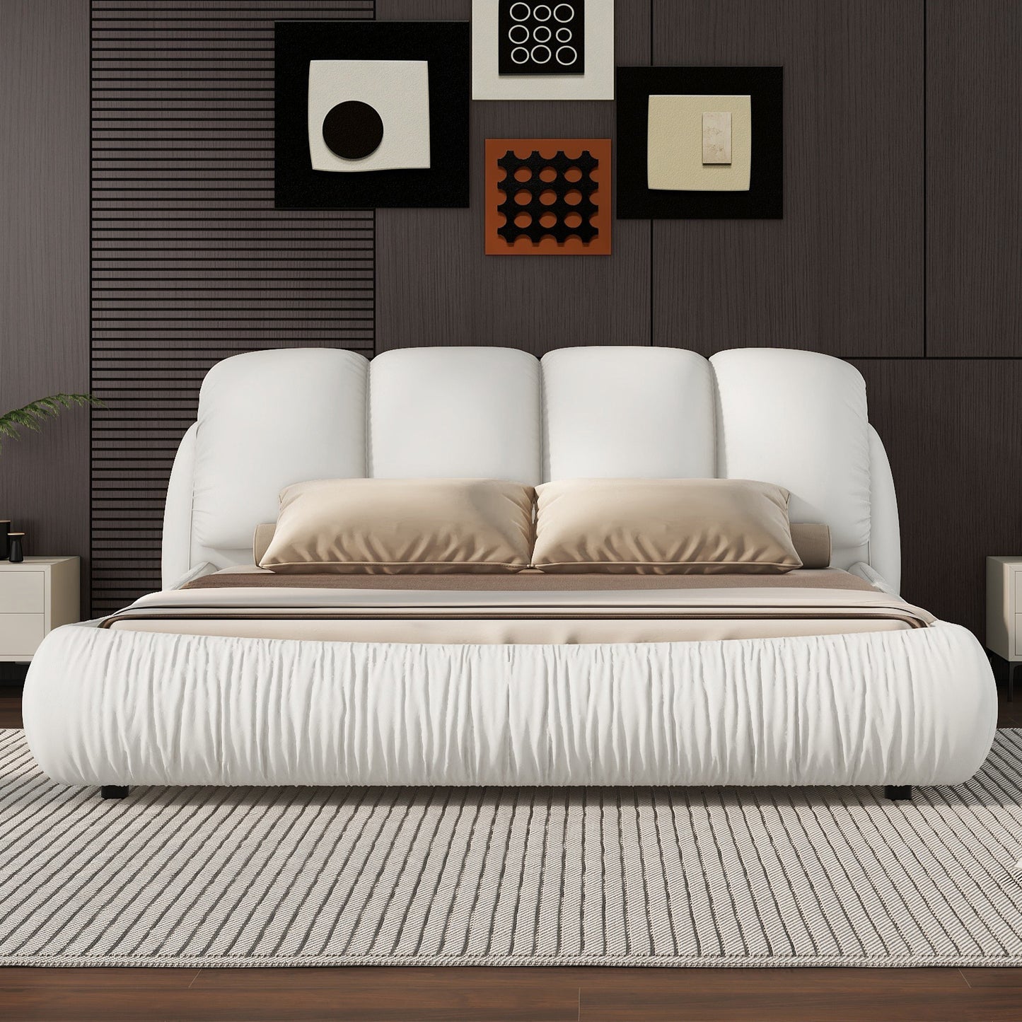 Queen Size Luxury Upholstered Bed With Thick Headboard, Leather Queen Bed with Oversized Padded Backrest, White