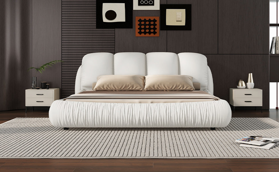 Queen Size Luxury Upholstered Bed With Thick Headboard, Leather Queen Bed with Oversized Padded Backrest, White