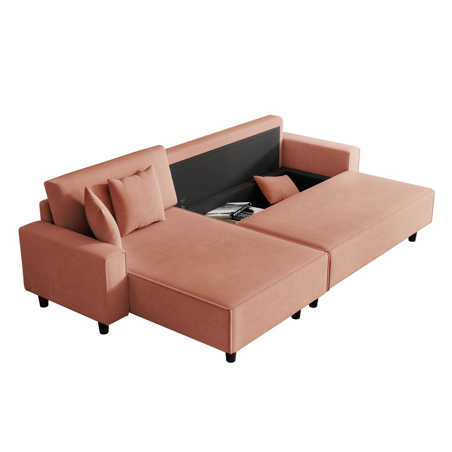 The 93-inch orange corduroy sofa bed comes with two pillows to fit in the living room and the apartment is not overcrowded