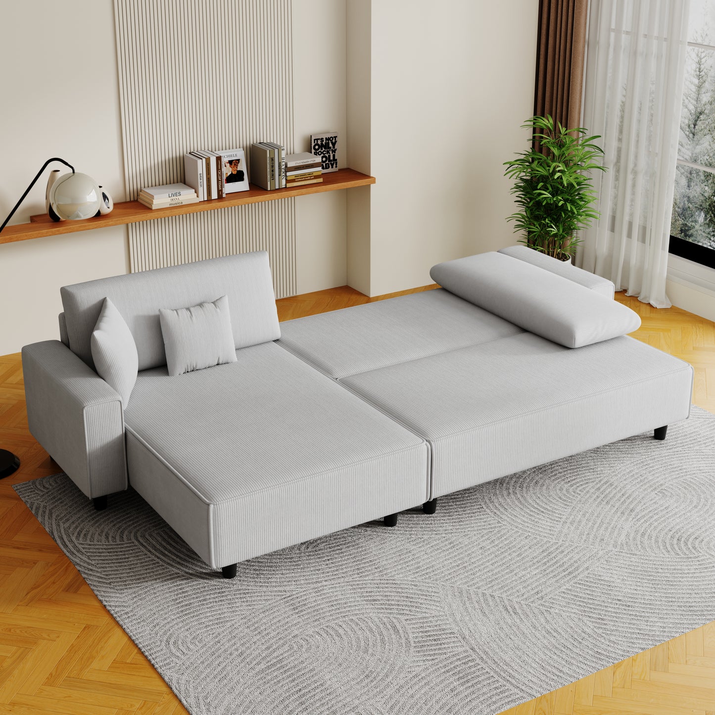 The 93-inch grey corduroy sofa bed comes with two pillows to fit in the living room and the apartment is not overcrowded