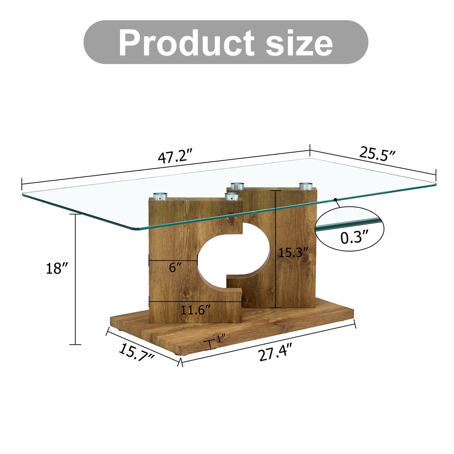 A rectangular modern and fashionable coffee table with tempered glass tabletop and wooden color MDF legs. Suitable for living room.47.2"*25.5"*18"