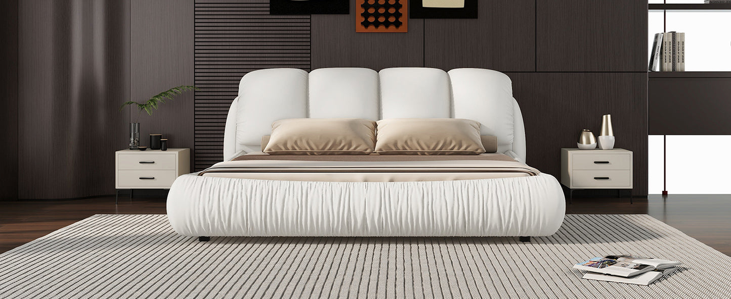 Queen Size Luxury Upholstered Bed With Thick Headboard, Leather Queen Bed with Oversized Padded Backrest, White