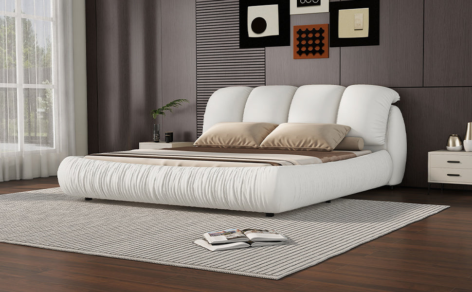 Queen Size Luxury Upholstered Bed With Thick Headboard, Leather Queen Bed with Oversized Padded Backrest, White