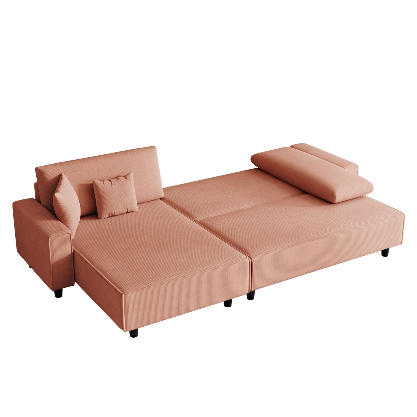 The 93-inch orange corduroy sofa bed comes with two pillows to fit in the living room and the apartment is not overcrowded