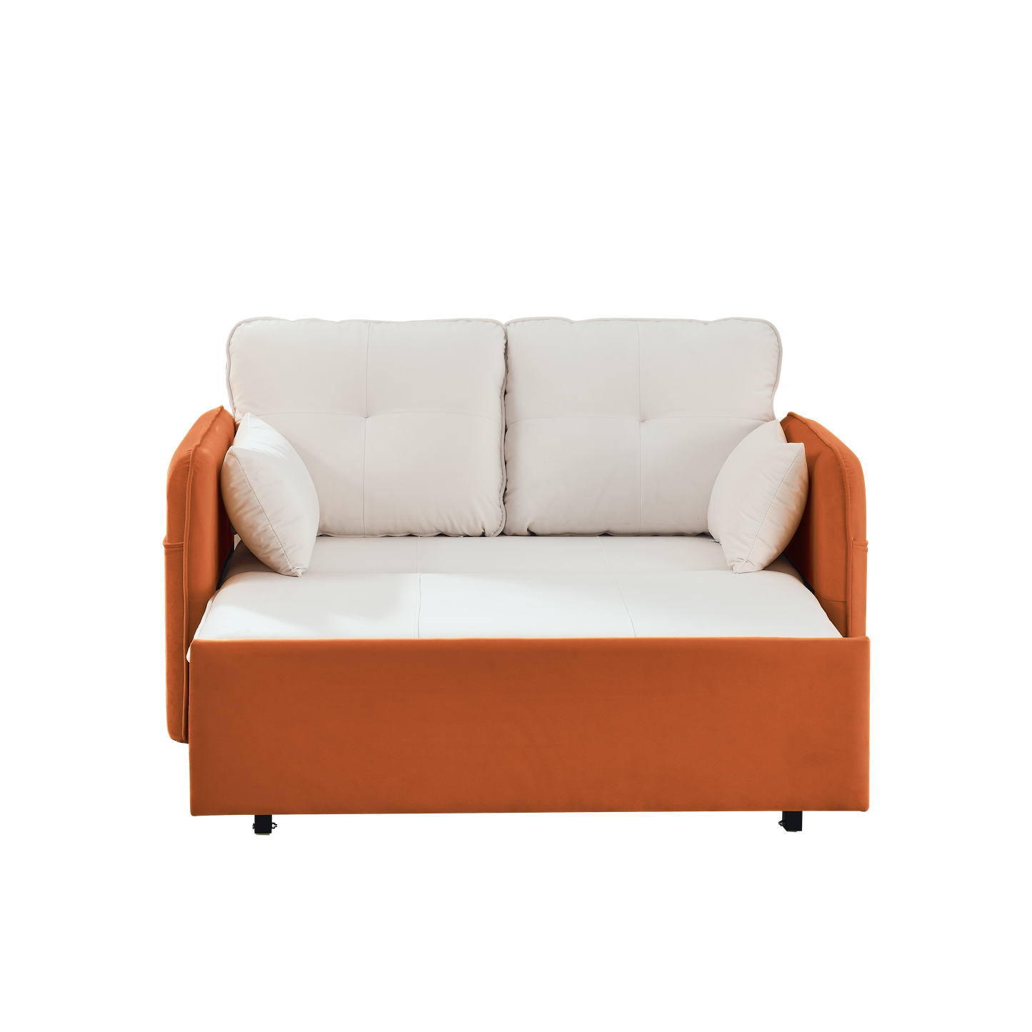 53" Modern Convertible Sofa Bed w/2 Removable Armrests w/USB Power Port, Velvet Recliner Adjustable Sofa w/Head Pull-Out Bed, 2 Pillows, For Living Room Apartment etc., White-Orange