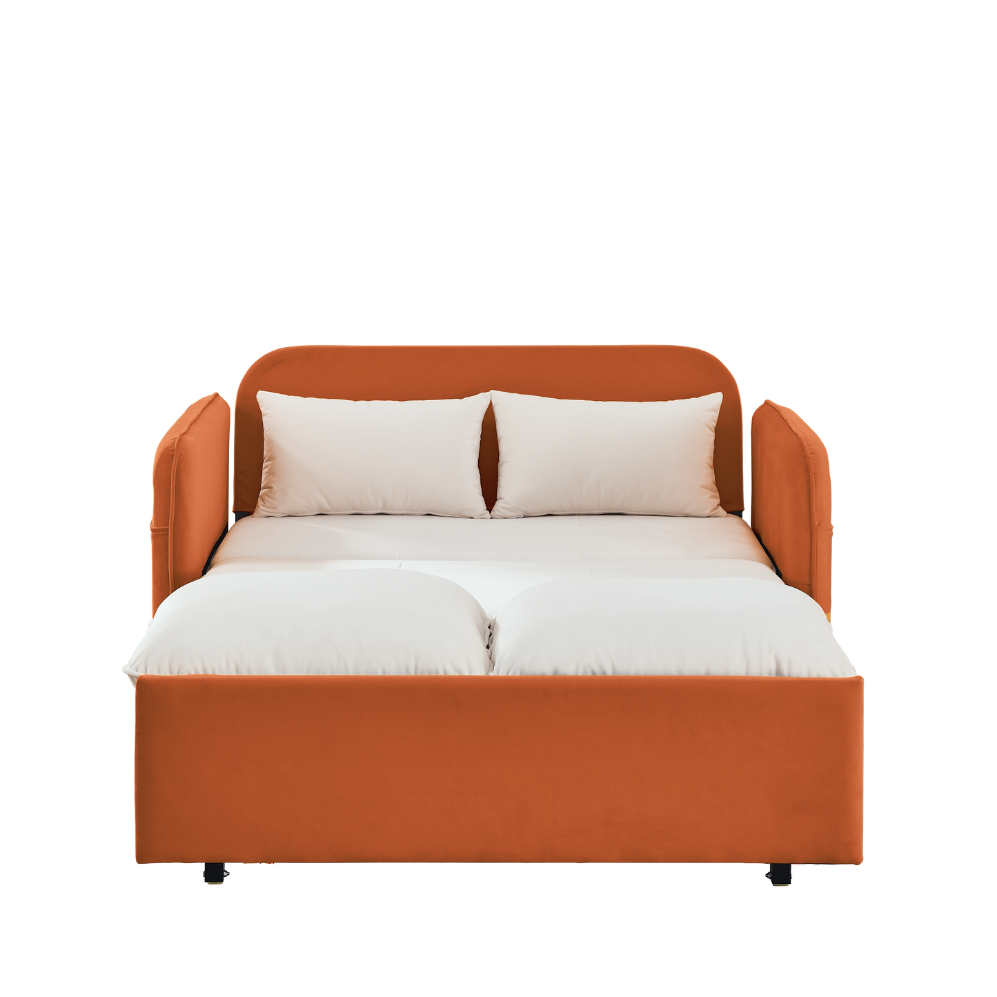 53" Modern Convertible Sofa Bed w/2 Removable Armrests w/USB Power Port, Velvet Recliner Adjustable Sofa w/Head Pull-Out Bed, 2 Pillows, For Living Room Apartment etc., White-Orange