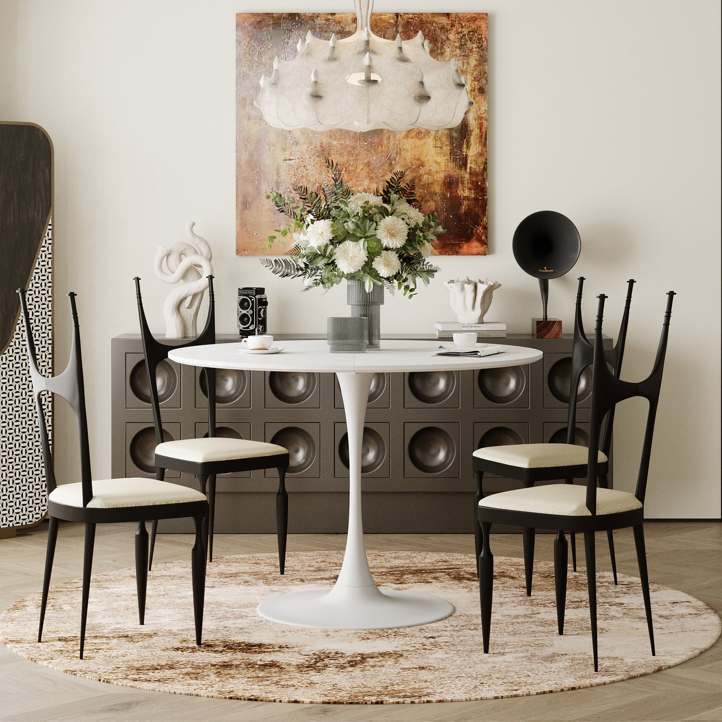 42.13"Modern Round Dining Table,Four Patchwork Tabletops with White Solid Wood Veneer Table Top,Metal Base Dining Table, End Table Leisure Coffee Table