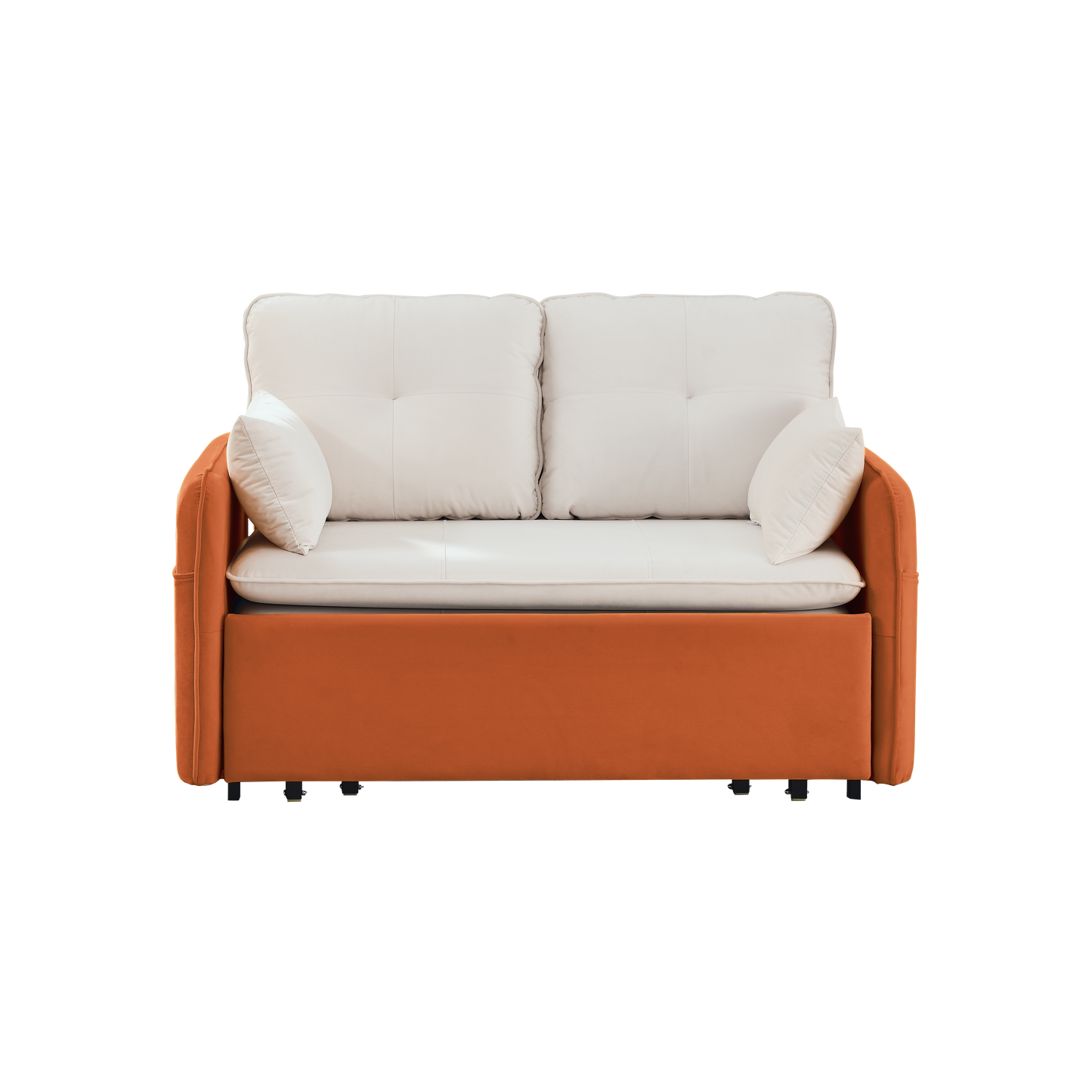 53" Modern Convertible Sofa Bed w/2 Removable Armrests w/USB Power Port, Velvet Recliner Adjustable Sofa w/Head Pull-Out Bed, 2 Pillows, For Living Room Apartment etc., White-Orange