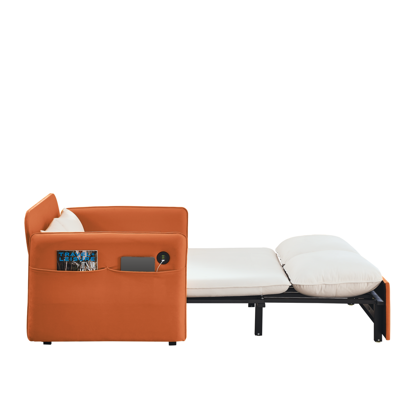 53" Modern Convertible Sofa Bed w/2 Removable Armrests w/USB Power Port, Velvet Recliner Adjustable Sofa w/Head Pull-Out Bed, 2 Pillows, For Living Room Apartment etc., White-Orange